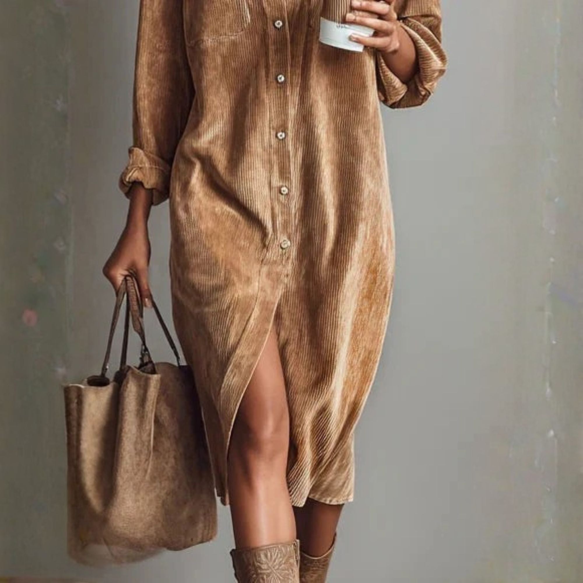 Robe midi ample et élégante en velours côtelé