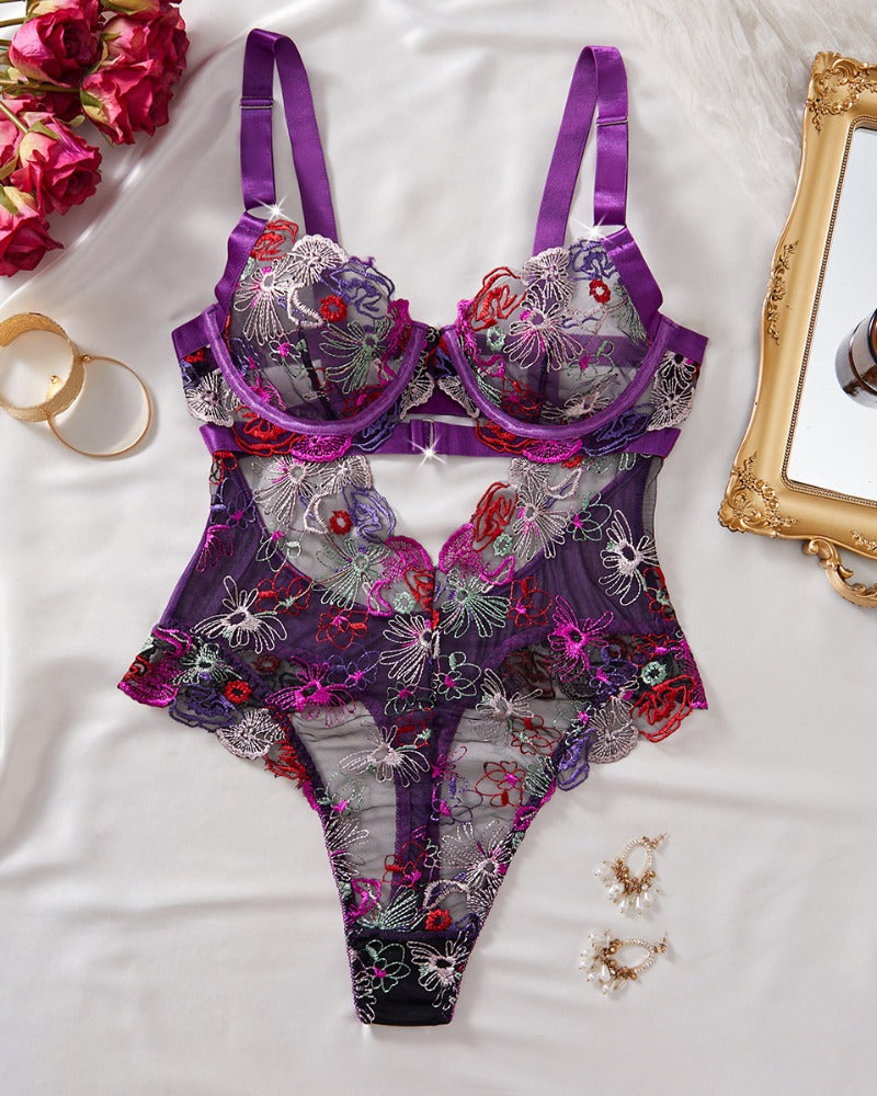 Monica™ | Ensemble de Lingerie en Mesh Élégant avec Broderie Florale & Détails Découpés