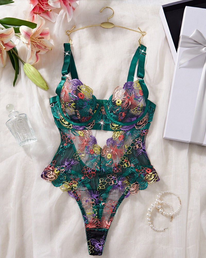 Monica™ | Ensemble de Lingerie en Mesh Élégant avec Broderie Florale & Détails Découpés